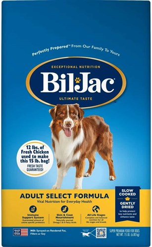 Dog food label for Bil-Jac Adult Select Formula, featuring the brand name, product name, and quantity statement.