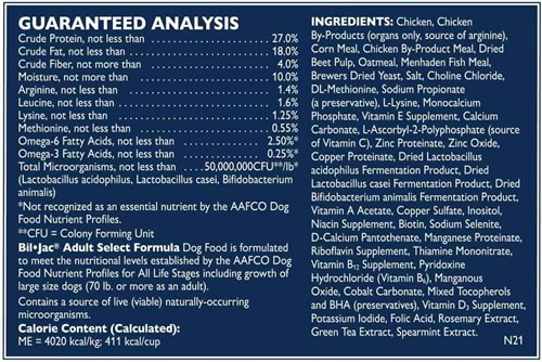 Guaranteed analysis, ingredients list, and nutritional adequacy statement on the dog food label for Bil-Jac Adult Select Formula.